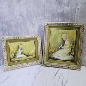 Set of 2 Vintage 70s Girl in Nature Bird Flowers Paintings‎ Ornate Wooden Frames